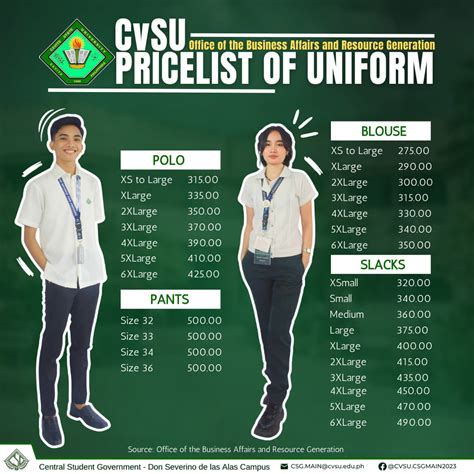 cvsu uniform|Price list of uniforms. Prices may .